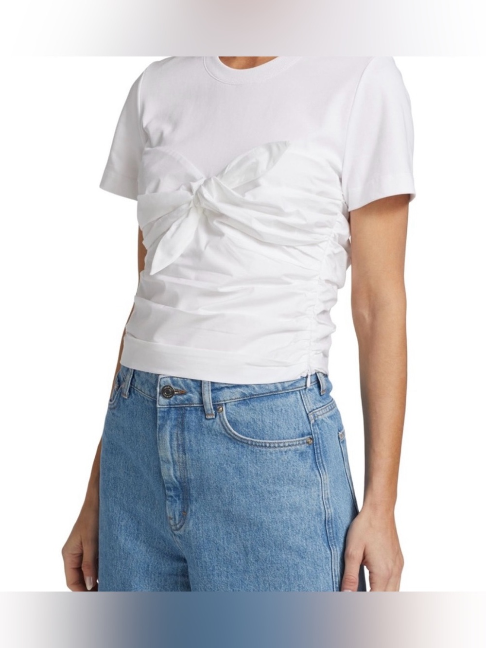 Tanya Taylor White Cotton Ruched Tie Front Bow Short Sleeve Blouse - Size XS